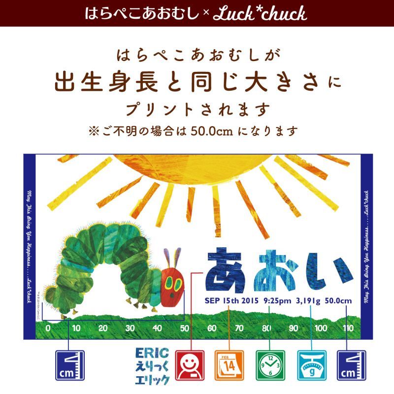 はらぺこあおむしが出生身長の大きさにプリントされる今治製名前入りバスタオル　はらぺこあおむし SUN ブルー 