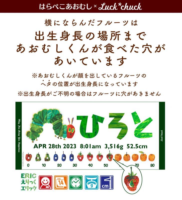 今治製名前入りスポーツタオル　はらぺこあおむし FRUIT グリーン 説明