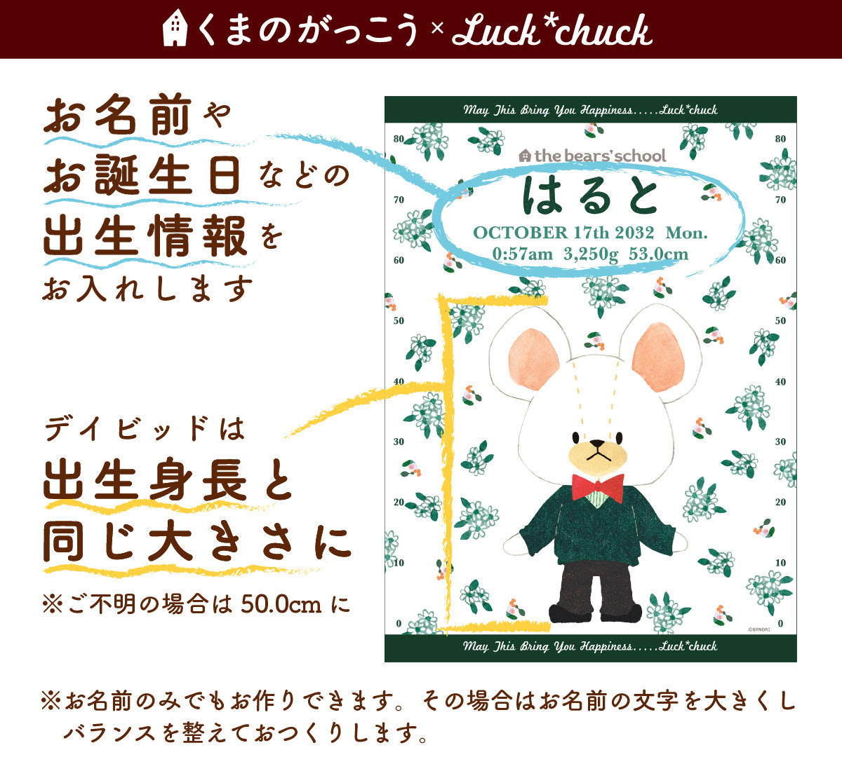 今治製名前入りバスタオル　くまのがっこう　スケール　グリーンデイビッド　 