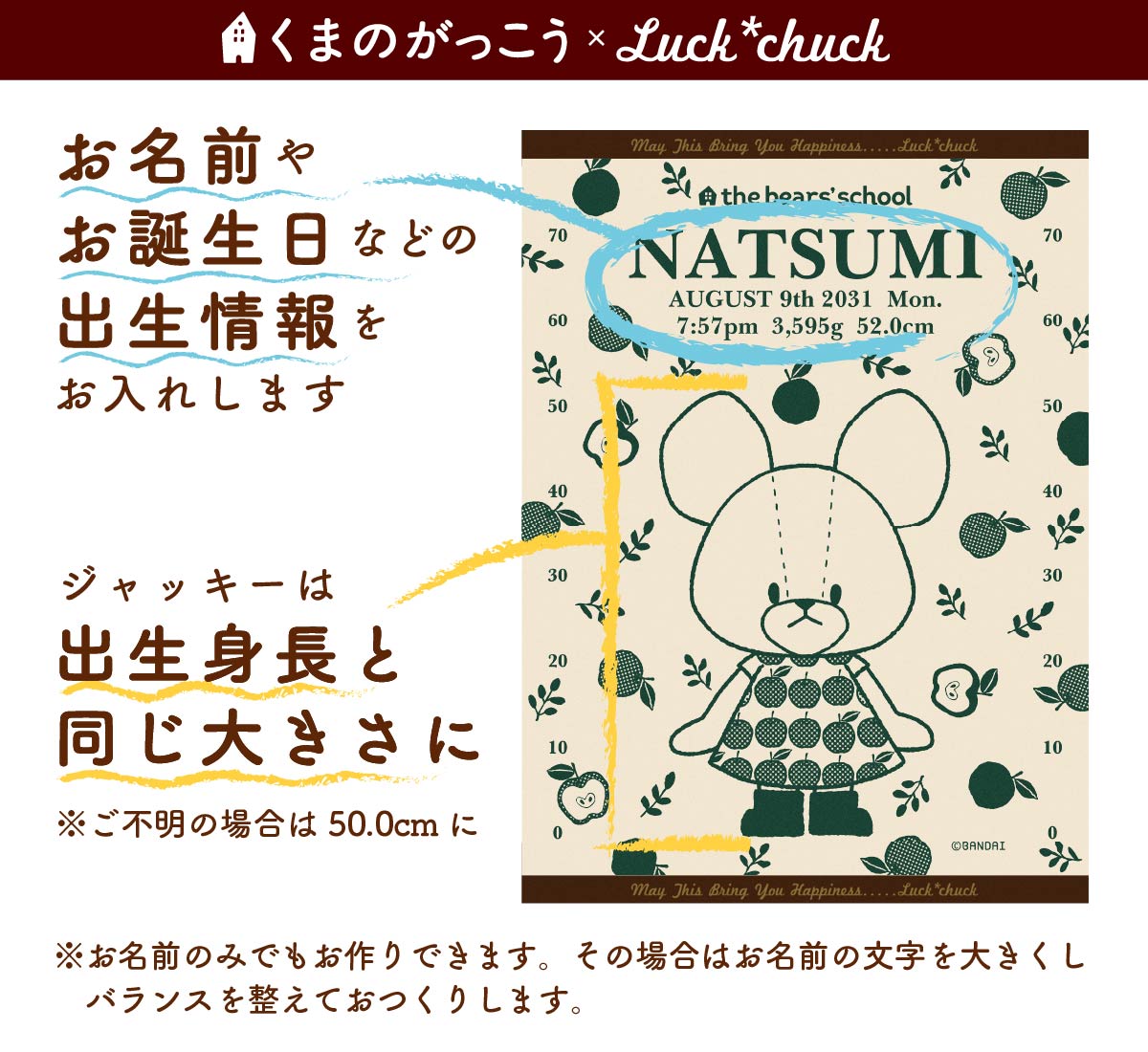 今治製名前入りブランケット　くまのがっこう　アップル　グリーン 説明