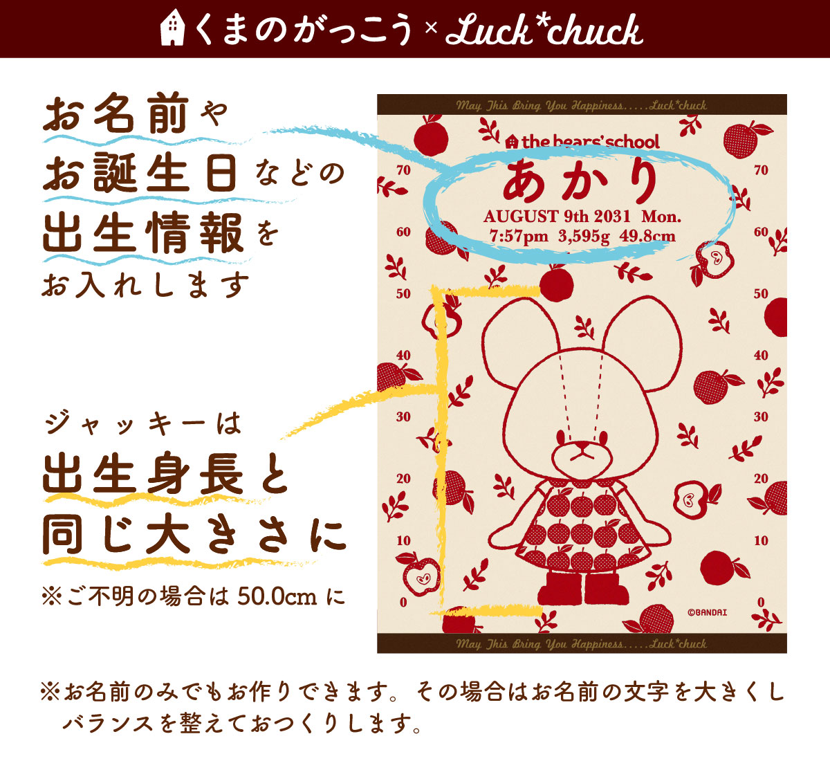 今治製名前入りブランケット　くまのがっこう　アップル　レッド 説明