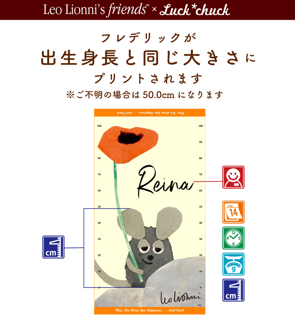 今治製名前入りバスタオル　レオ・レオニ フレデリック　出生身長とせいくらべが出来るタオル　オレンジ　説明