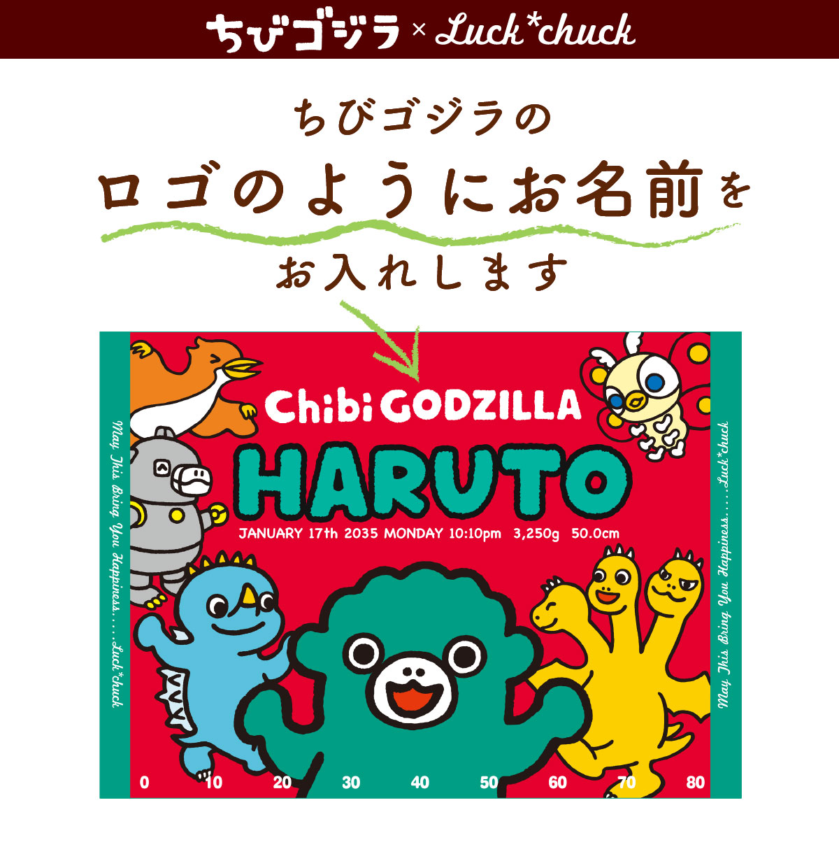 ちびゴジラ　なかまといっしょ　今治製お名前入りバースタオル　レッド 【説明画像 B1】
