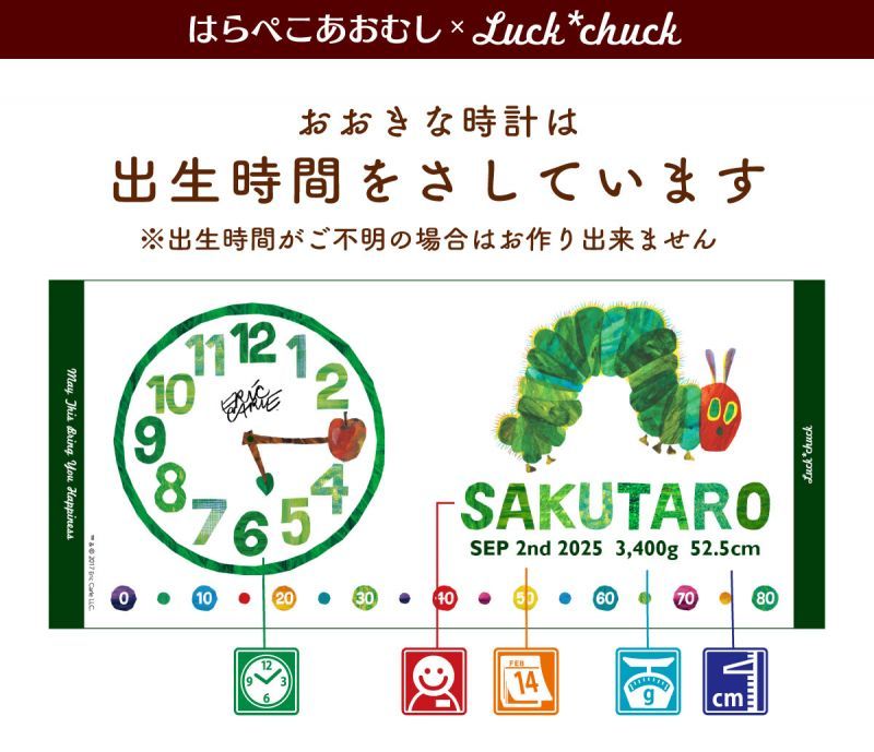 今治製名前入りスポーツタオル　はらぺこあおむし CLOCK グリーン 説明